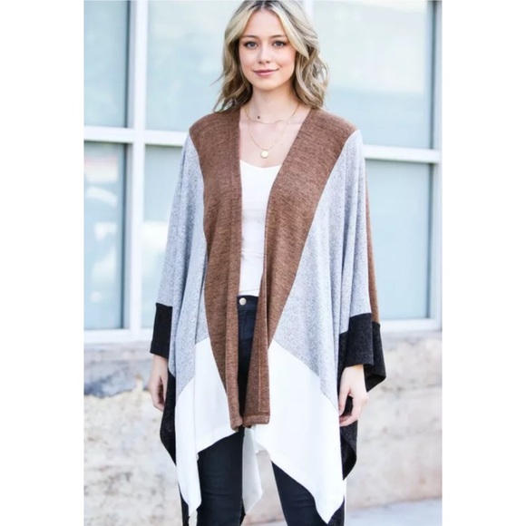 Gray Camel Color Block Dolman Poncho Cardigan - Picture 3 of 6